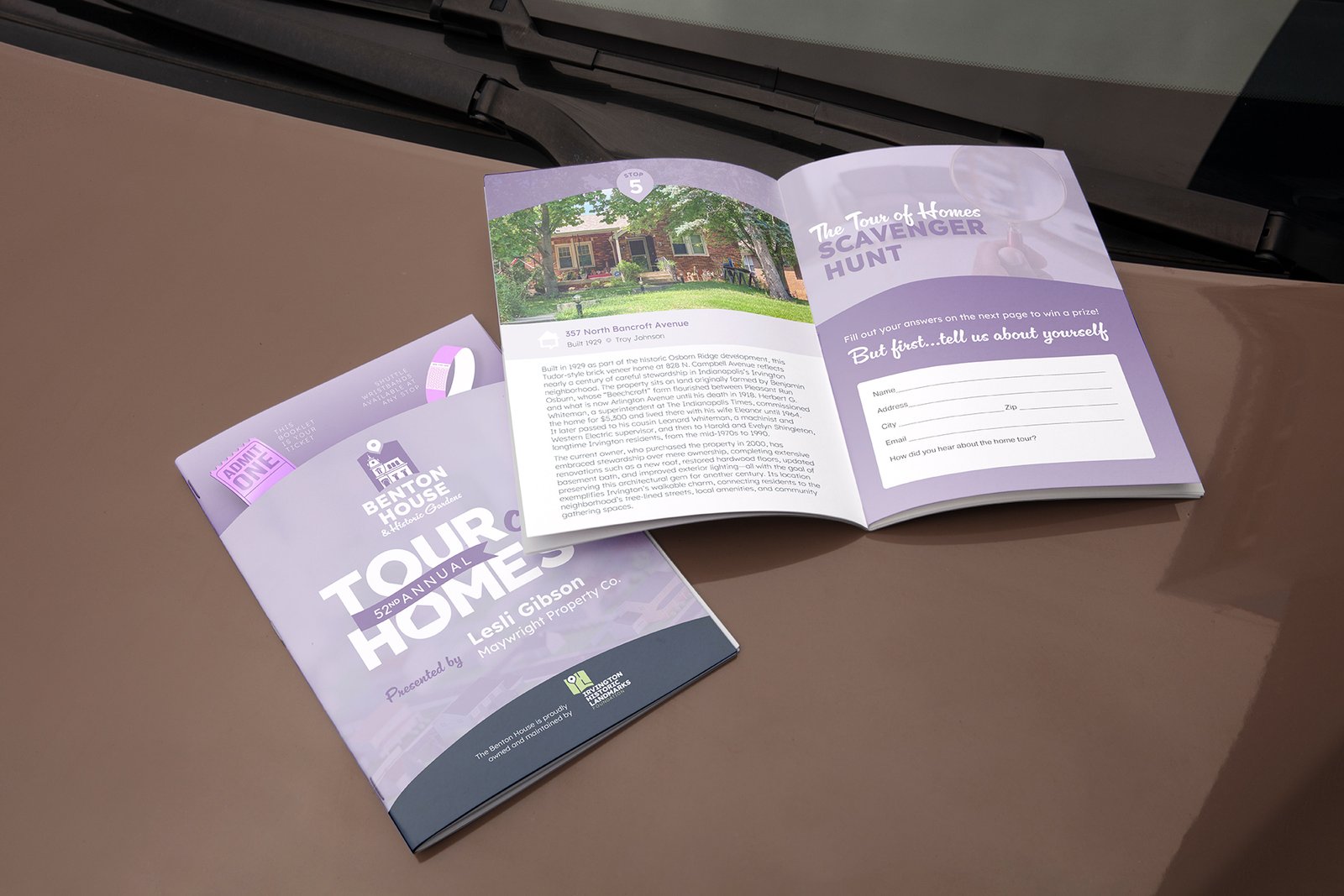 The Benton House Tour of Homes ticket booklet design for Irvington Historic Landmarks Foundation.