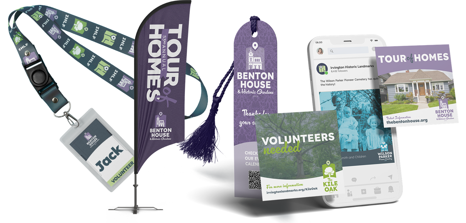 Irvington Historic Landmarks Foundation work examples including a lanyard, bookmark, fabric banner, and social media posts.