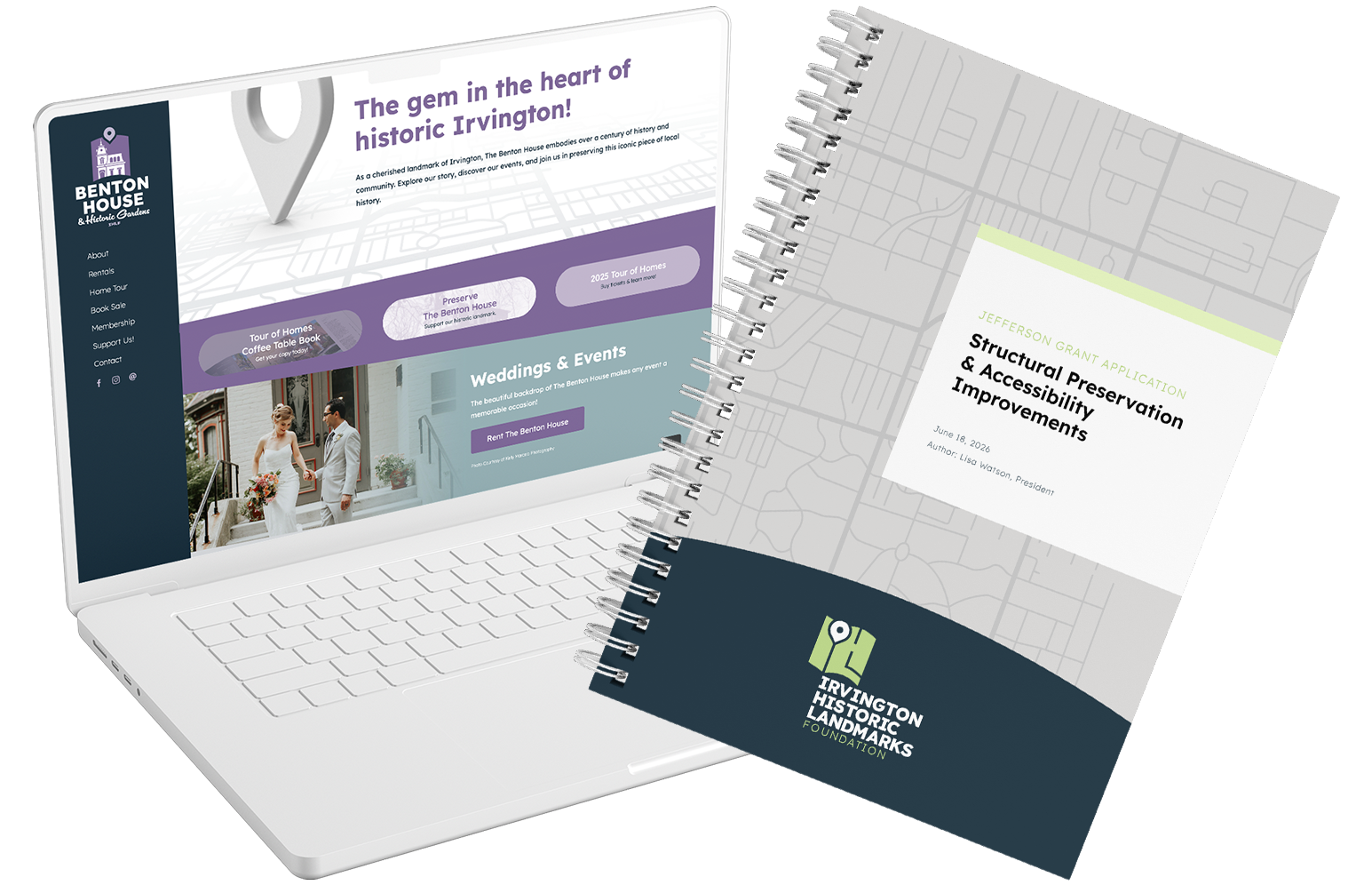 Irvington Historic Landmarks Foundation work examples including website design and report cover.
