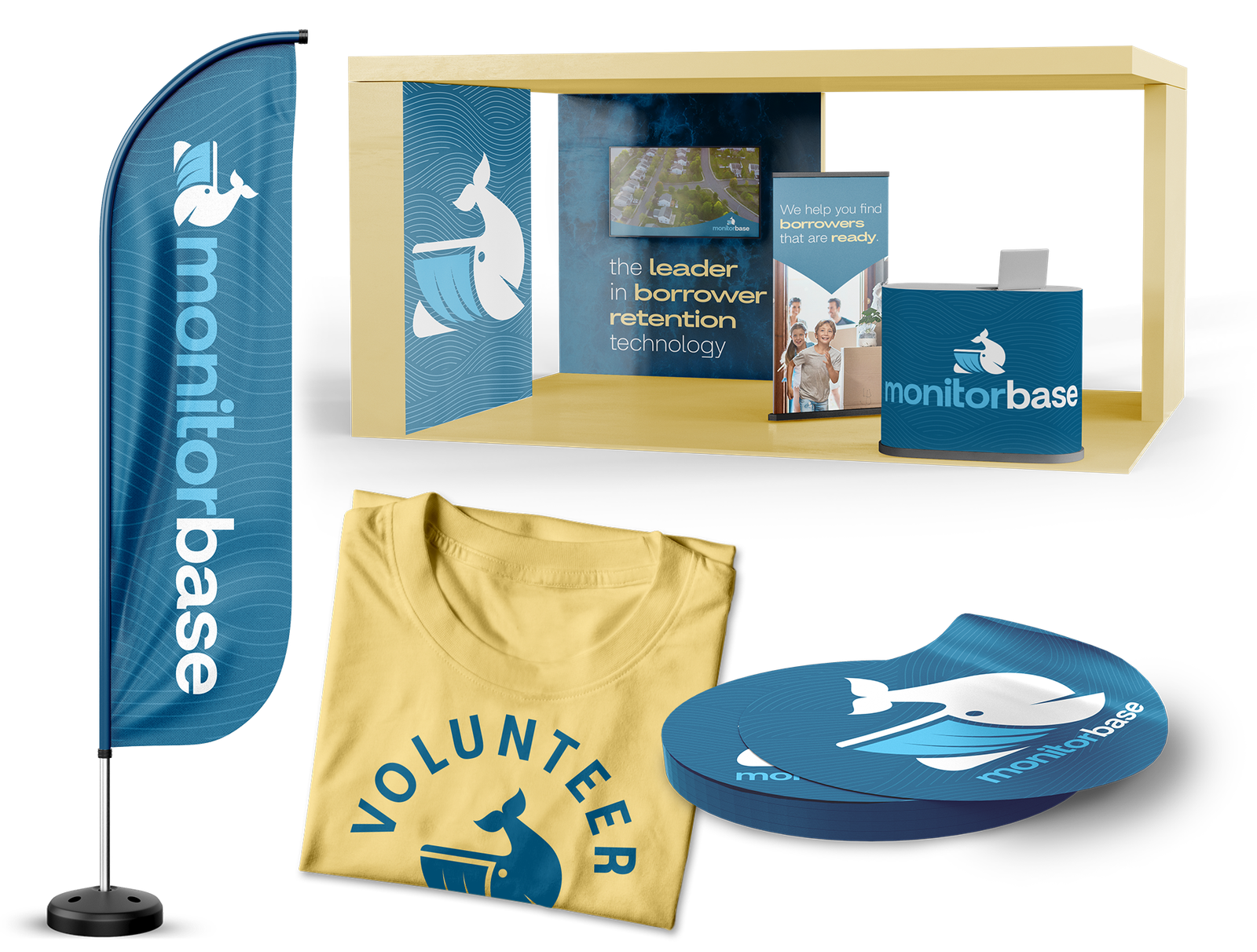 Monitorbase Work Examples Including Trade Show Booth, Apparel, Signage, and Decals.