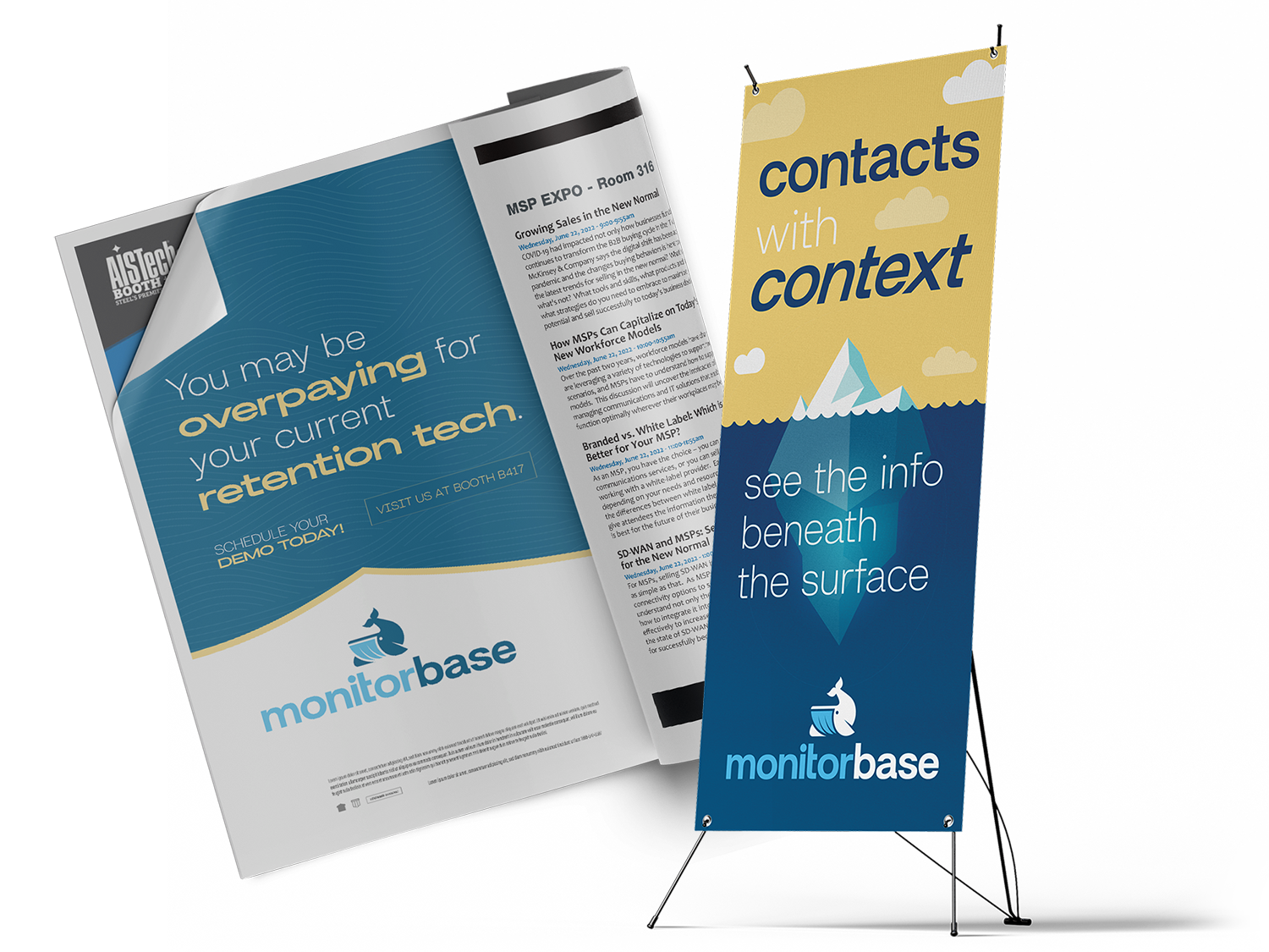 MonitorBase projects showing a banner stand and newspaper advertisement.